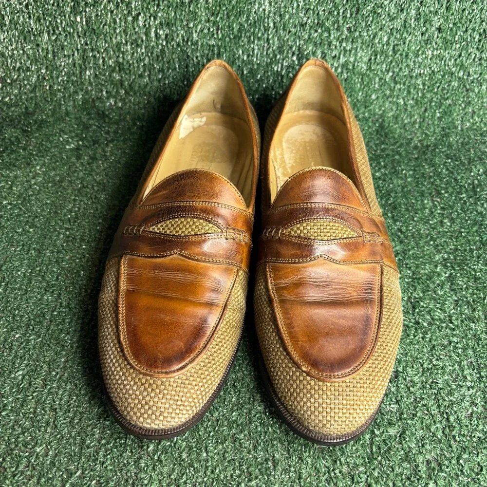 Johnston & Murphy‎ Cellini Woven Leather Penny Loafers Dress Shoes Tan Mens 11.5